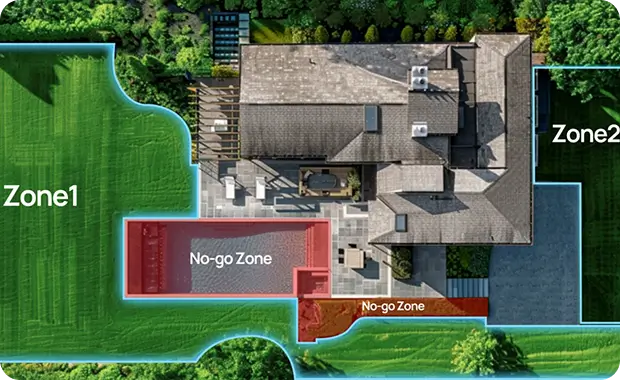 Aerial view of house and yard showing MoeBot X3 mowing zones including Zone1, Zone2, and No-go Zone areas