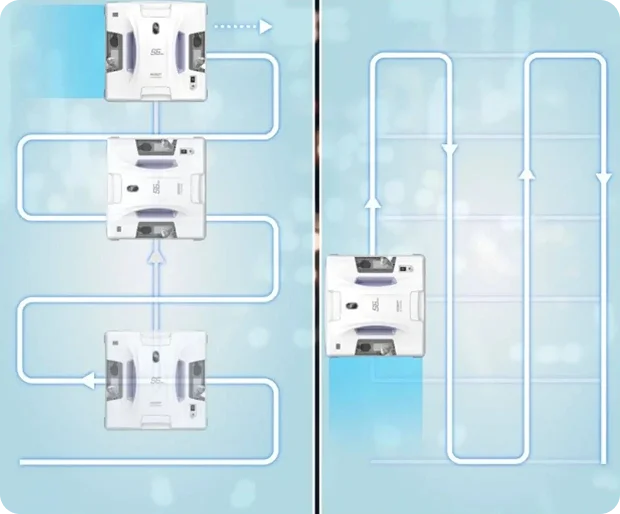 HOBOT S7 Pro cleaning path demonstration showing systematic zigzag pattern across window surface