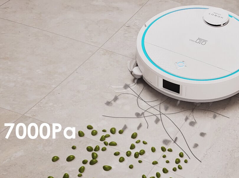 HOBOT LEGEE Q10 Pro demonstrating 7000Pa suction power cleaning debris
