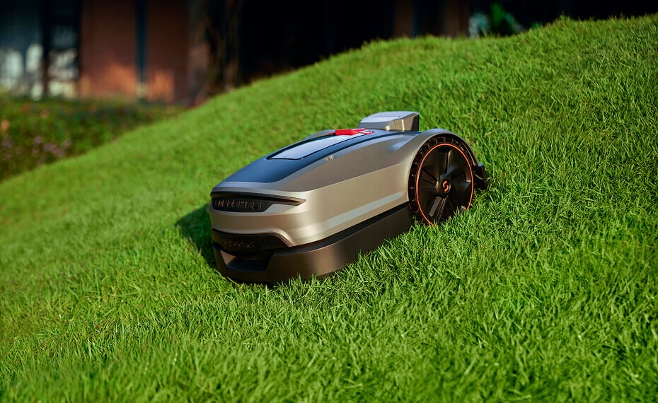 MoeBot X3 on sloped lawn