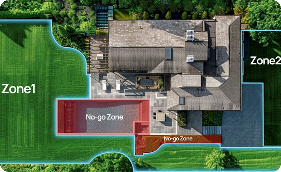 Aerial view of house and yard showing MoeBot X3 mowing zones including Zone1, Zone2, and No-go Zone areas