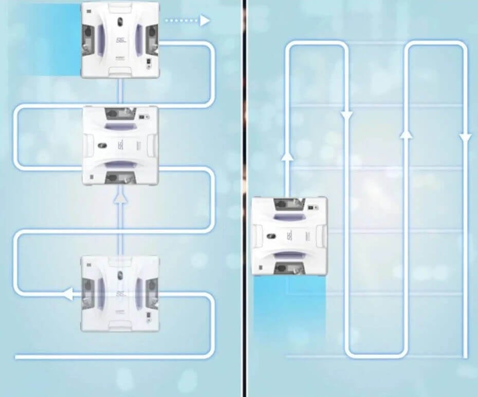 HOBOT S7 Pro cleaning path demonstration showing systematic zigzag pattern across window surface