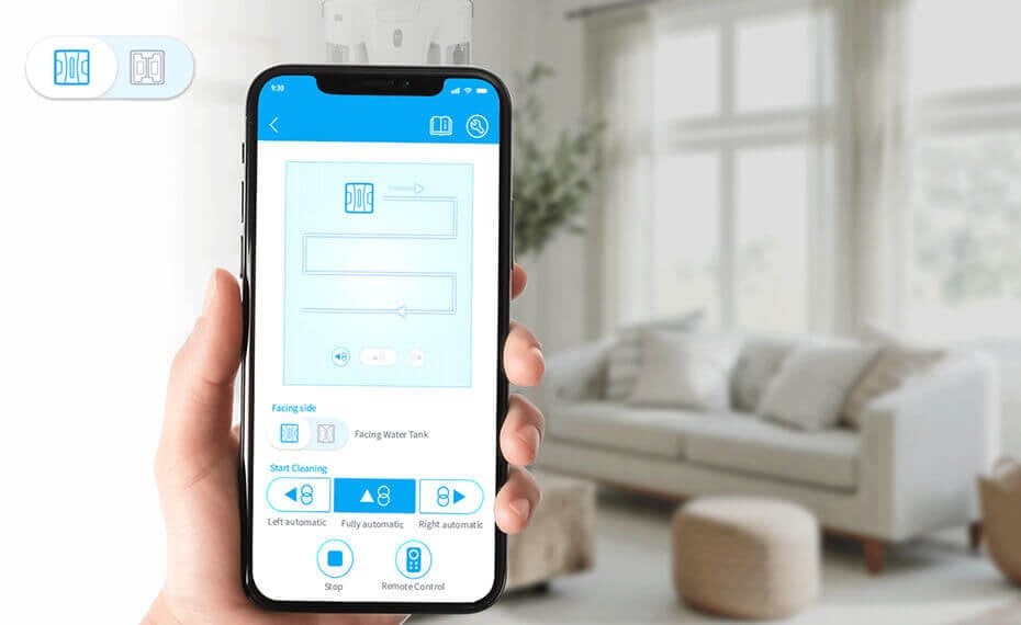 Hand holding smartphone showing HOBOT S7 Pro mobile app interface with cleaning controls