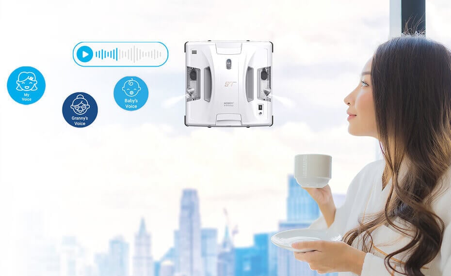 Woman looking out window with city view and HOBOT device indicators