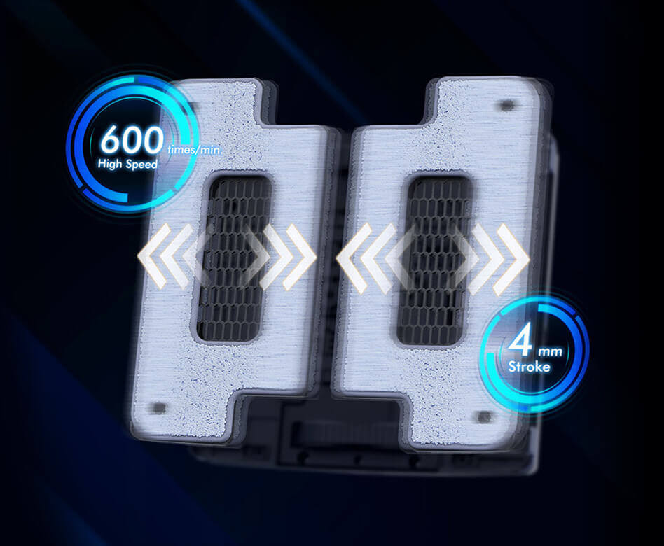 HOBOT S7 Pro cleaning mechanism showing 600 RPM high speed and 4mm stroke