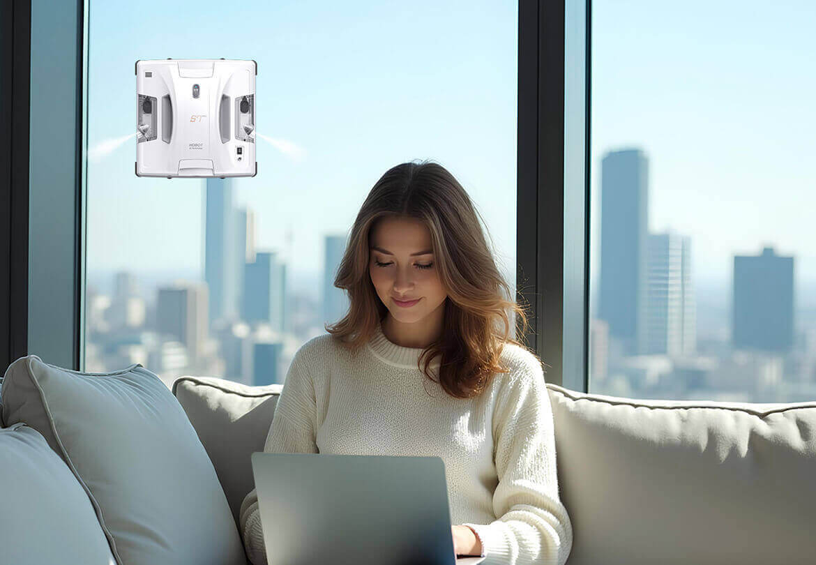 Woman relaxing on couch with HOBOT S7 Pro cleaning windows in modern apartment with city view
